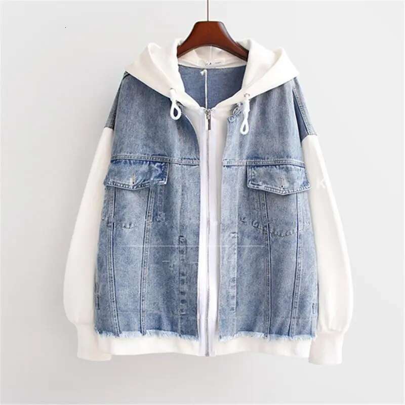 Fake Two-Piece Denim Hoodies Coat Women Spring Autumn Trend Cardigan Hoodie Casual Loose Hooded Baseball Jacket Streetwear Woman