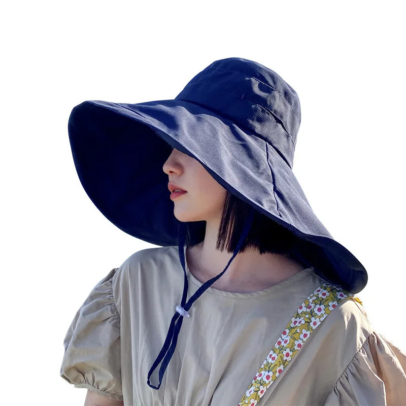 Large Brim 18cm Sun Hat with String Women UV Protection Female Outdoor Fisherman Cap Fold Summer Beach Solid Bucekt Hat 250314