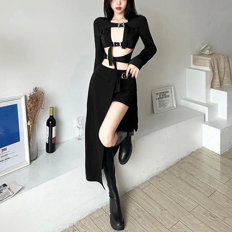 Goth Dark Techwear Gothic Patchwork Sexy Mini Skirts Women Grunge Irregular Hem High Waist Cargo Skirt Hip Hop Black Summer 250310
