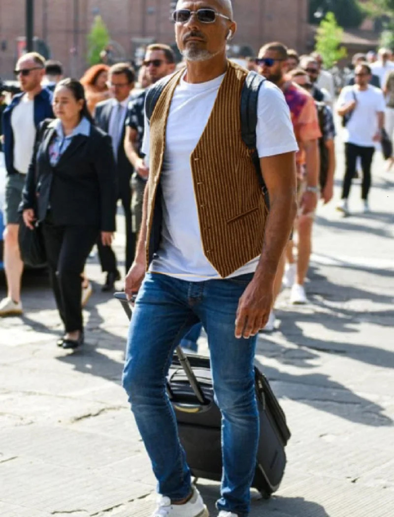 summer mens striped suit vest retro business slim fit vest sleeveless single breasted V-neck short vest jacket 250310
