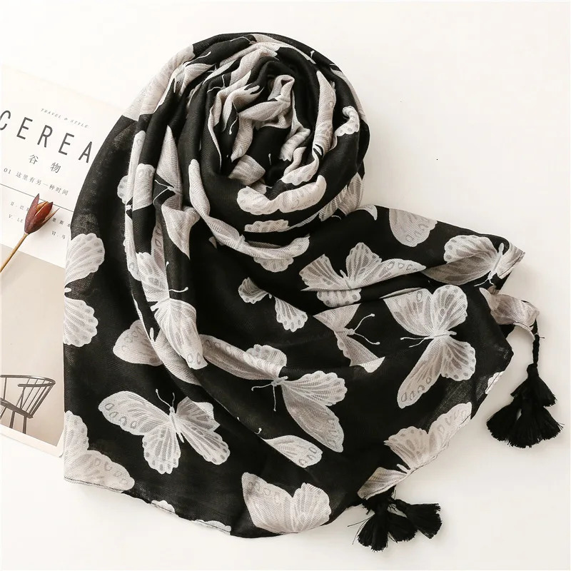 Fashion Animal Black Butterfly Pattern Tassel Viscose Shawl Scarf High Quality Print Pashmina Stole Bufandas Muslim Hijab 250314