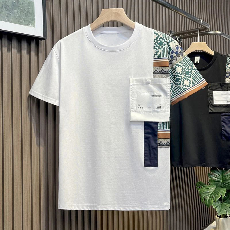Mens fashion printed patch work pocket short sleeved T-shirt summer casual round neck ultra-thin cotton bottom top Ropa Hombre 250314
