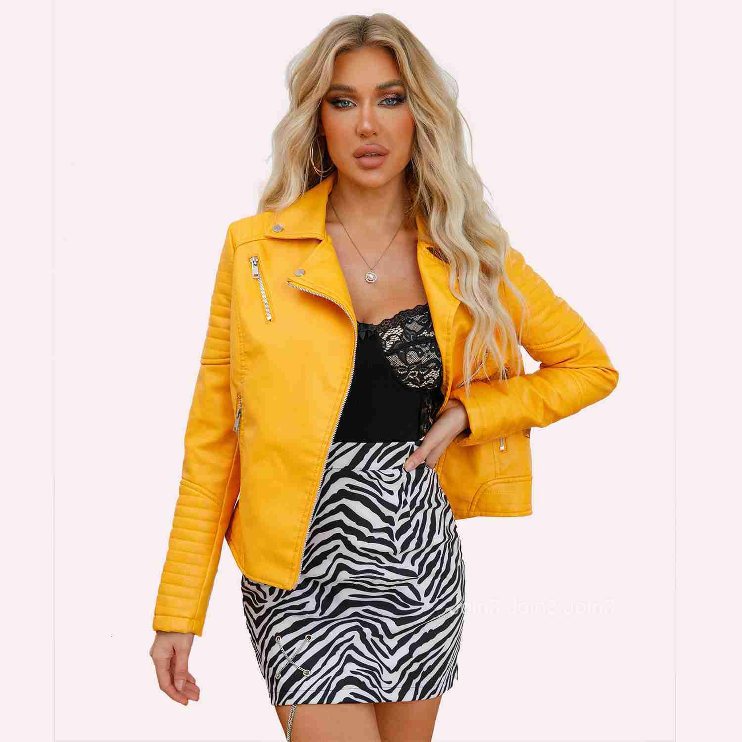 Fashion Spring and Autumn Short Leather Clothes Womens European Size Slim Fitting Lapel Motorcycle Clothes Inclined Zipper Jacket Womens Coat