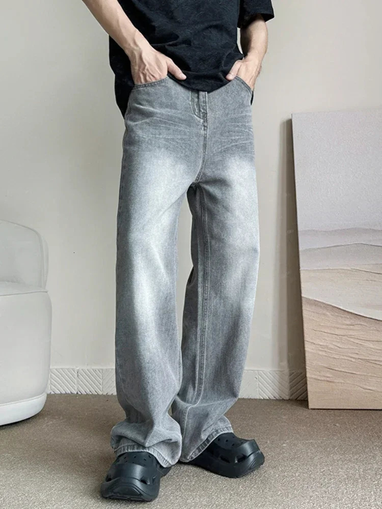 retro grey pocket jeans mens fashion Harajuku casual Y2k pants straight high street mens wide denim Trousers 250314