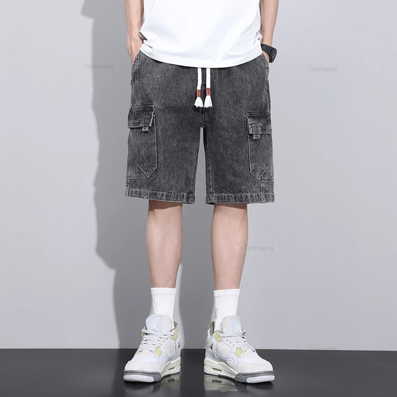 Summer mens denim shorts with elastic waist bag casual knee length cargo pants fashionable Korean style streetwear blue gray 250313