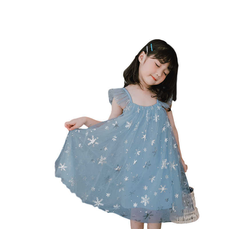 Girl's Dresses 23 Summer New Frozen 2 Elsa Girls Blue Dress Girls Sleeveless Mesh Princess Strap Skirt