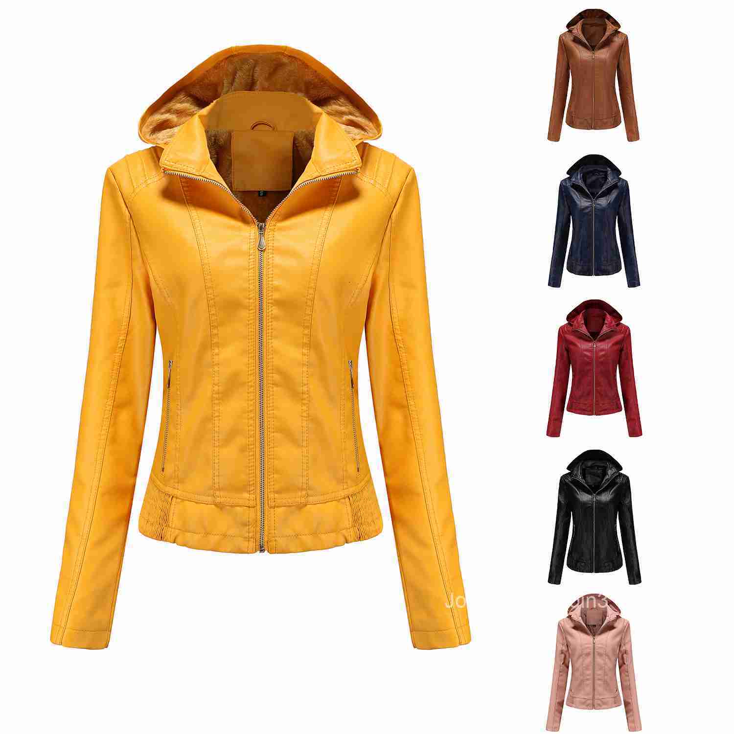 Fashion Awhooded Leather Womens Detachable Hat Zipper Long Sleeve Plush Leather Jacket European Size Slim Fit Coat