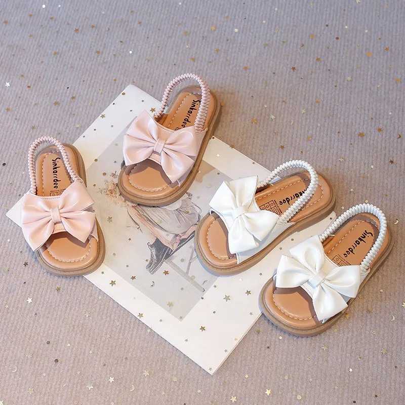 Summer girls sandals big bow pink beige Pu leather holiday childrens slider elastic band open casual comfortable childrens shoesT250315