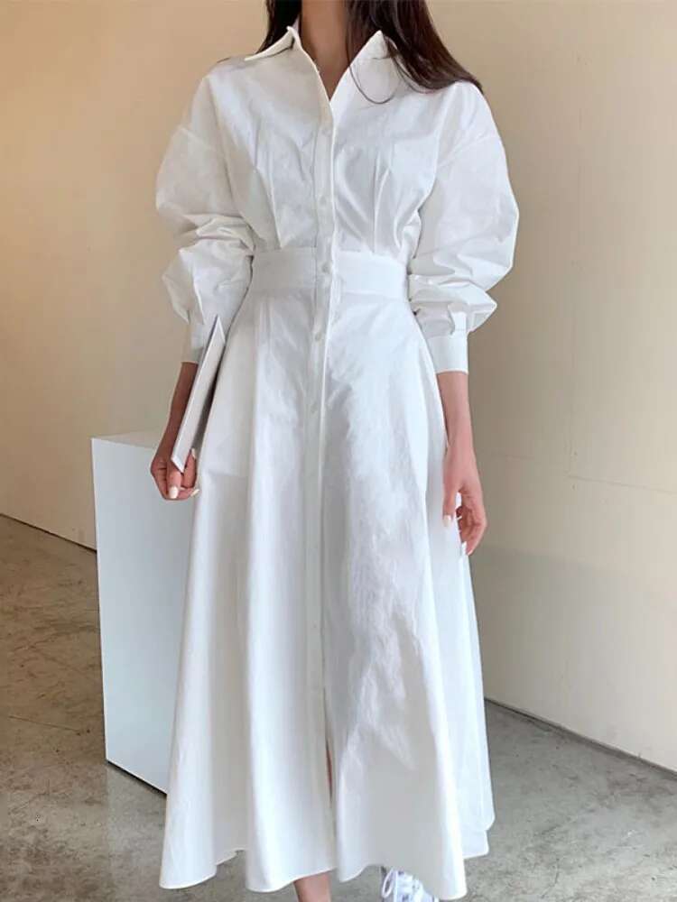 Y2k Autumn Solid Dress Women Fashion Long Sleeve Pleated Slim Waist A-E Dresses Temperament Single Breasted Simple Vestidos