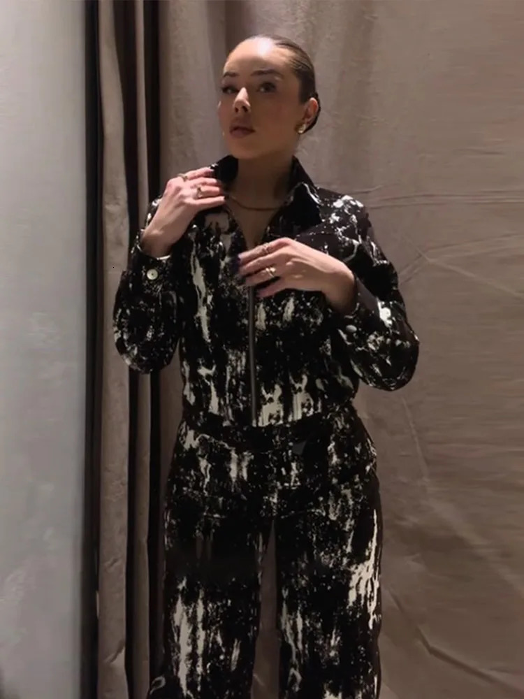 Printed zipper jacket straight pants set for womens casual retro collar high waisted fashion 250313