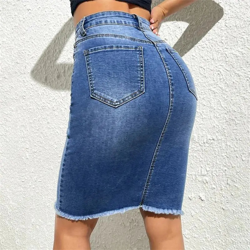 Fashion High Waist Denim Skirt Women Tassel Decoration Hem Wrap Hip Half-body Dress Female Summer Daily Casual Trend Streetwear 250311