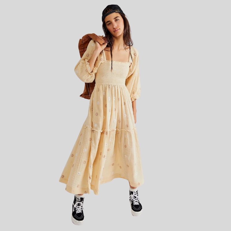 Autumn New Casual Trumpet Sleeves Wrap Embroidered Square Neck Sunflower Dress