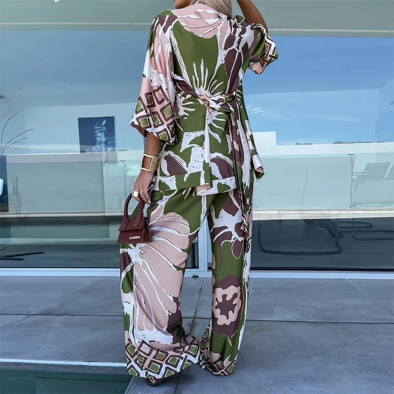 Fashion Casual Bohemia Print Loose Beach Set Spring Wide Leg Long Pants Suits Autumn Women QuarterSleeved Cardigan Shirt Outfit 250313