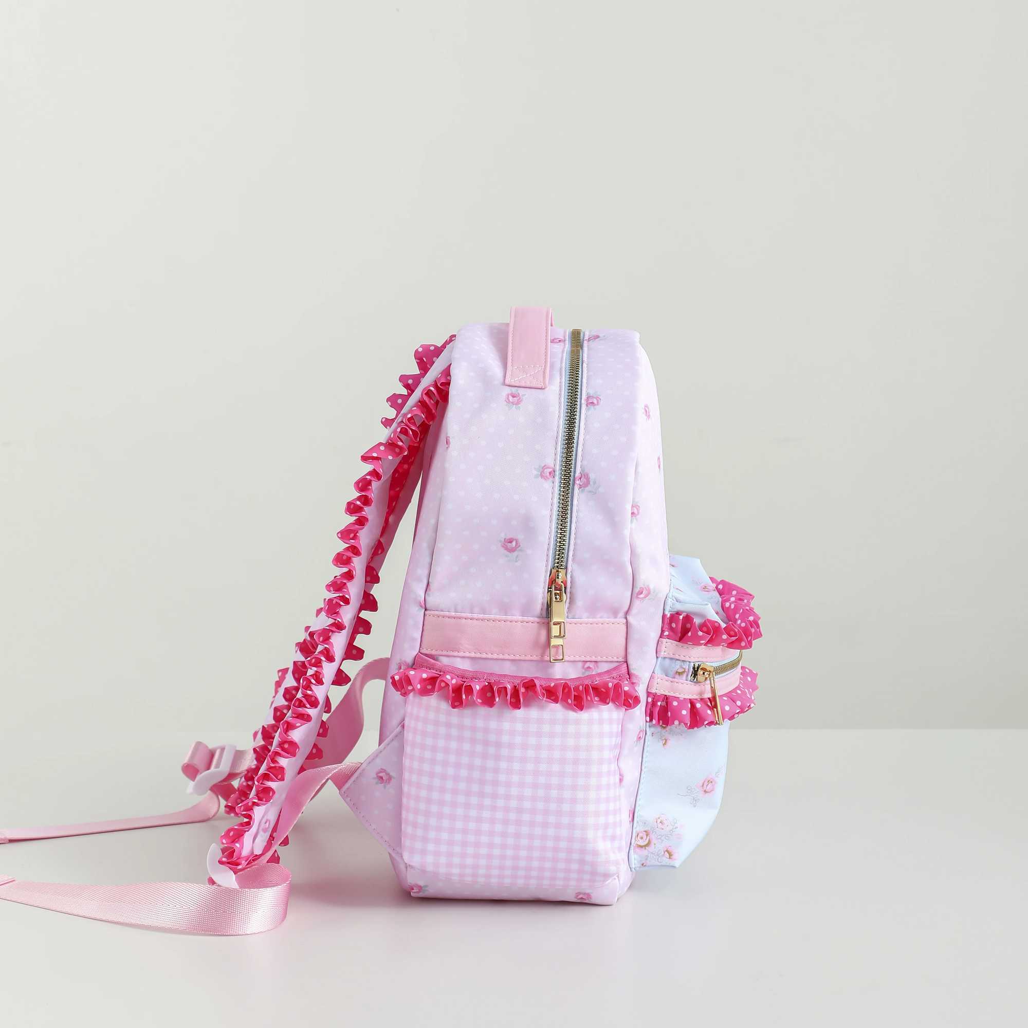 New Arrival Ruffle Girl Backpack Flower Canvas Polka Dot Plain Lining Large Capacity Pink Cute Back to School T250315