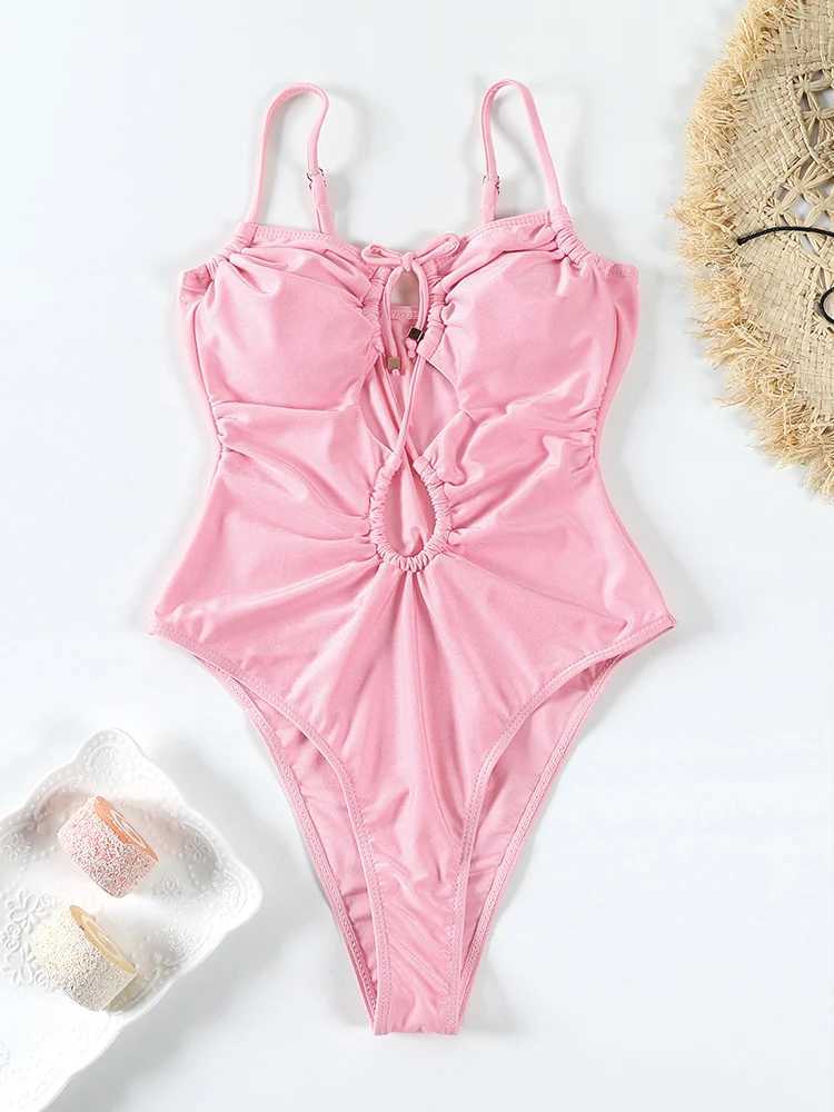 Miyouj hollow swimsuit womens swimsuit new one-piece swimsuit bandage swimsuit solid color swimsuit summer beachwearXJ250315