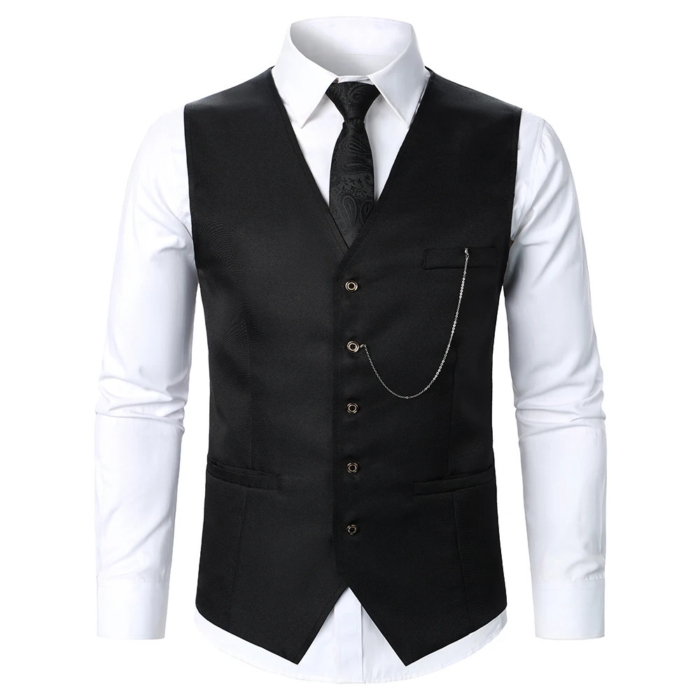 Men Suit Vest Coat Solid Color Metal Chain Decoration Classic Leisure Business Fashion Slim Fit Men Suit 250310