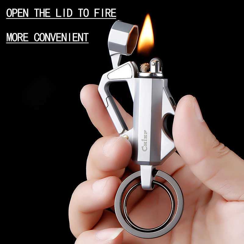 Metal Multi-function Keychain Kerosene Lighter Outdoor Bottle Opener Tools ic Grinding Wheel Ignition Smoking AccessoriesC250315