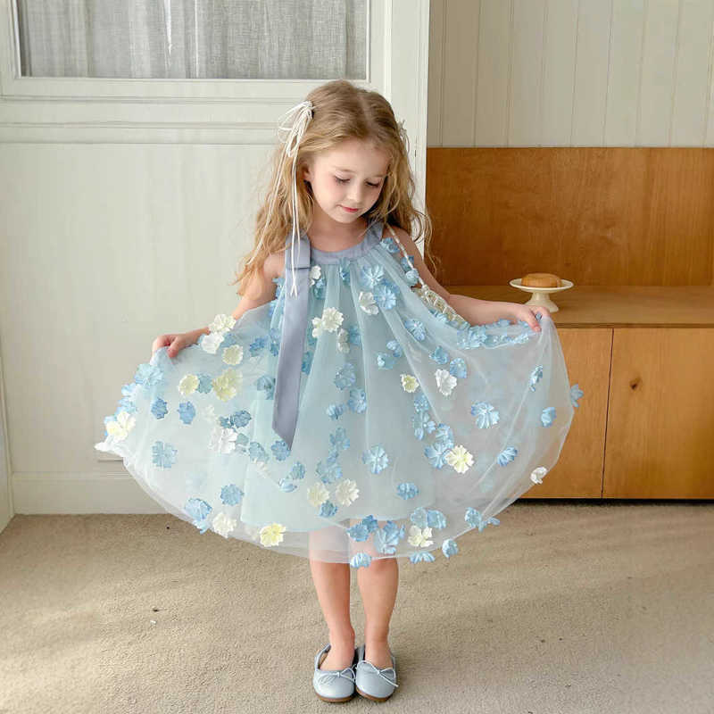 Girl's Dresses 2025 Summer New Girl's Little Fairy Dress Super Fairy Drifting Yarn Three Dimensional Flower Yarn Skirt Sleeveless Lace up Sk