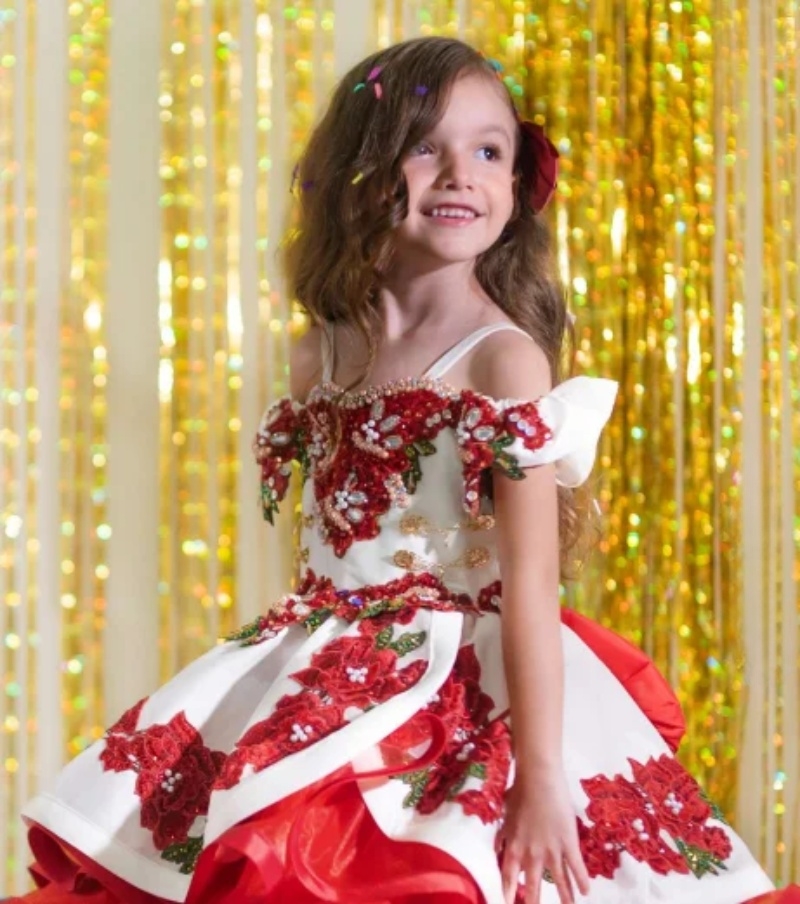 Charro Mexico Little Girls Pageant Dresses Crystal Beaded Red Floral Embroidery Ruffled Long Prom Formal Wear Kids Toddler Birthday Party Quinceanera 