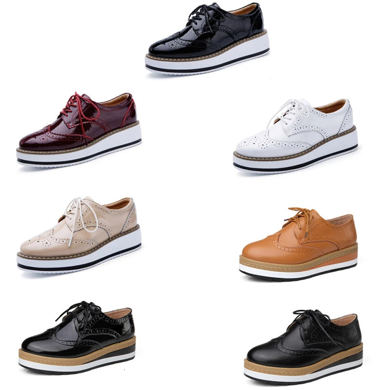 EOFK Spring Autumn Women Derby Platform Flats Brogue Leather Lace up Classic Bullock Footwear Gold Female Oxford Shoes Lady250314