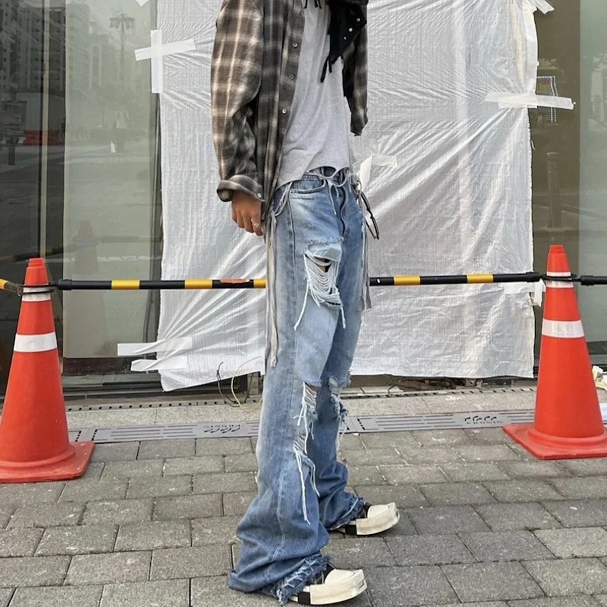 Distressed Vintage Hold Ripped Blue Flare Jeans Pants for Men and Women Streetwear Casual Bag Denim Trousers Oversized Cargos 250313
