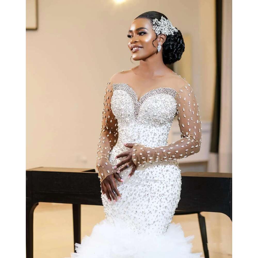 2025 Customized African heavy bright crystals full beads mermaid long sleeves layers tulle wedding dress for brides