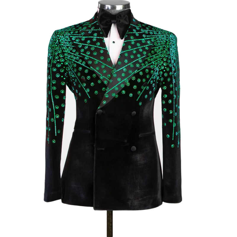 Exquisite Wedding Tuxedos Green Beaded Men Suit Peaked Lapel 1 Piece Set Jacket Party Groom Business Blazers Customized