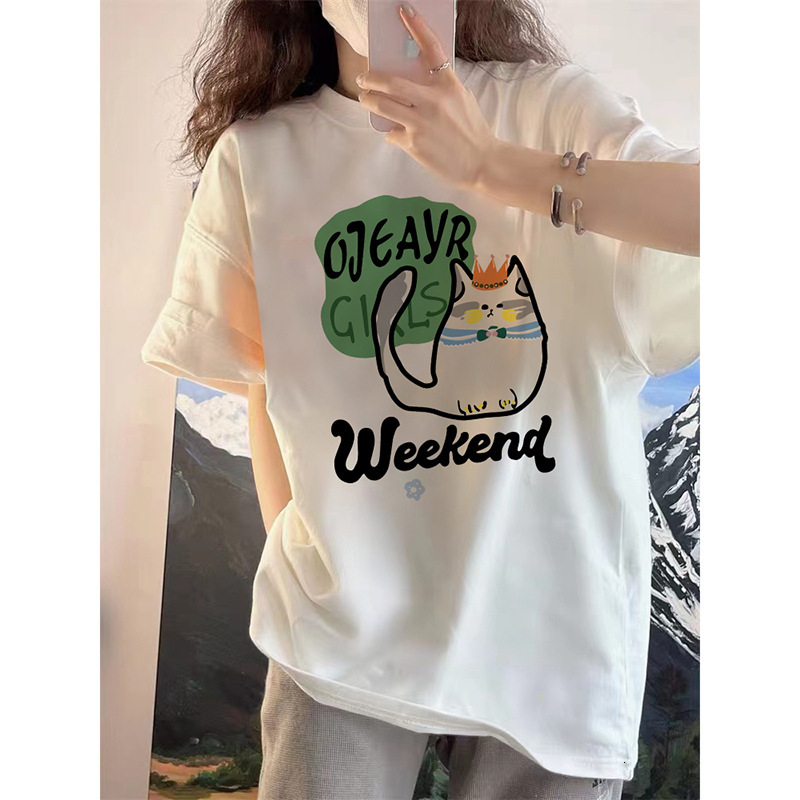 Pick Up Brand Counter Withdraws American Fun Cat Print Short Sleeved T-Shirt For Women