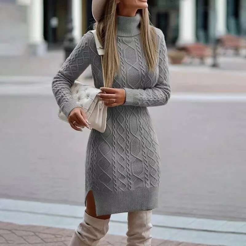 2024 Autumn Winter New Women's Wrap Hip Skirt High Neck Warm And Thickened Elegant Knitted Sweater Long Sleeve Dress