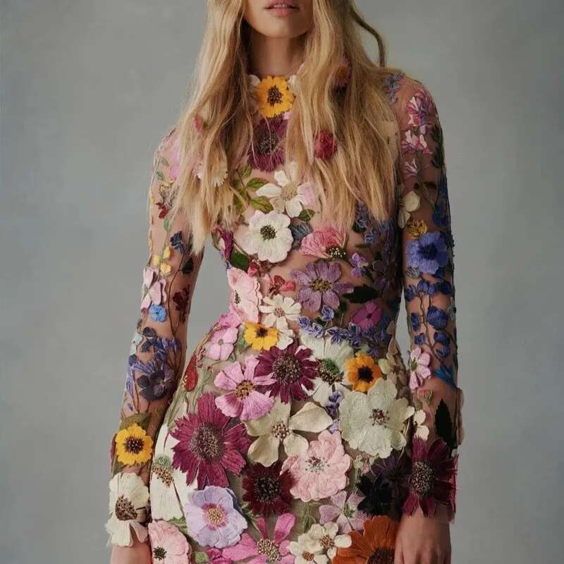 Embroidery Hip-Covering Slimming Gauze Lace Three-Dimensional Wer Slim Dresses Female O-Neck Long Sleeved Mini Dress