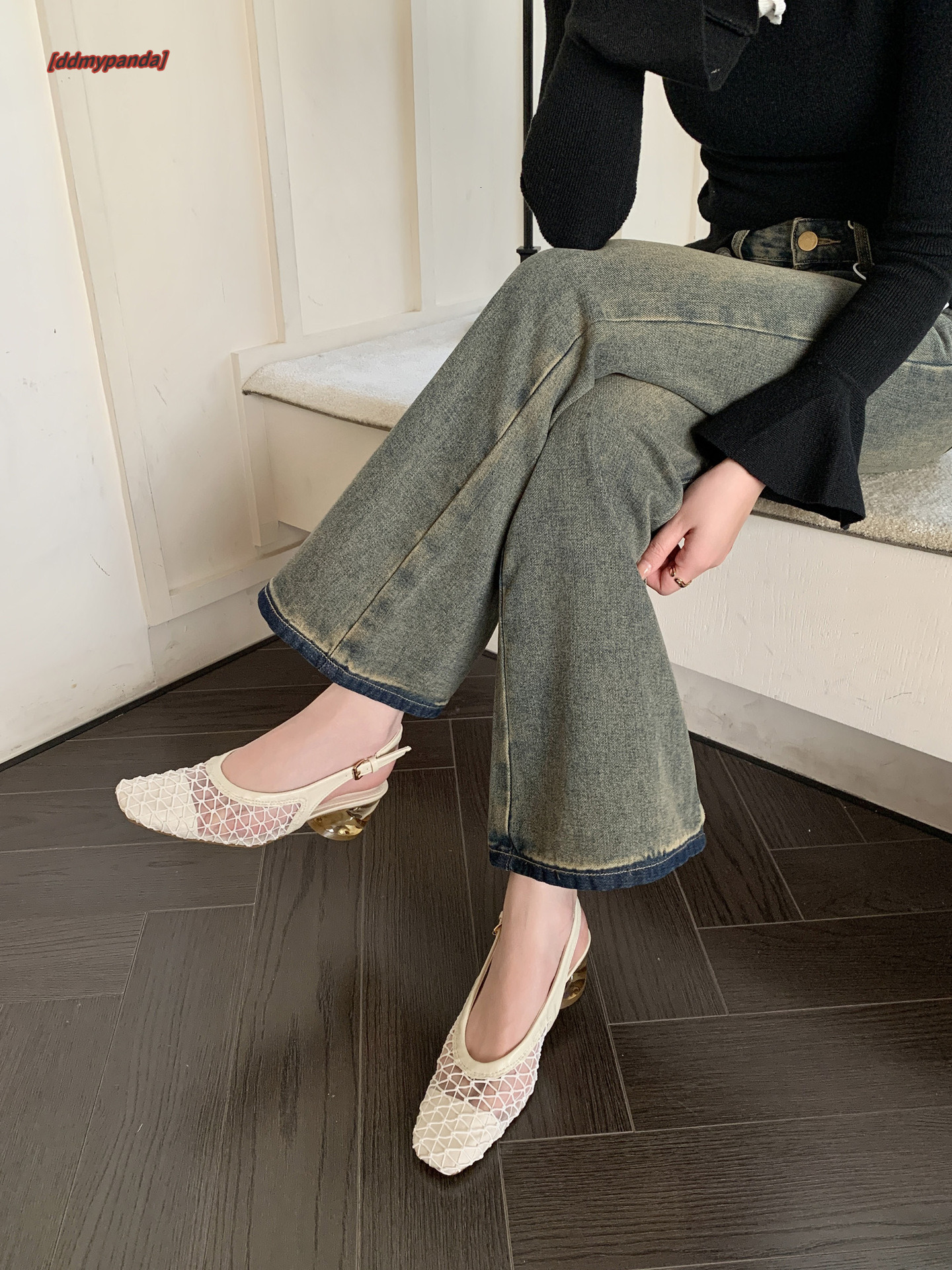 Uniquely designed woven toe cap sandals spring 2025, with a minimalist mesh and thick heels for women ddmypanda