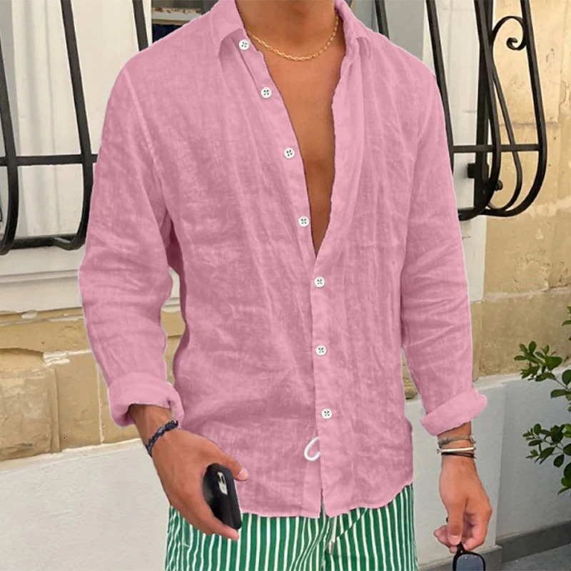 Spring casual linen shirt mens long sleeved button up and down lapel shirt seaside beach retro mens solid color cardigan 250314