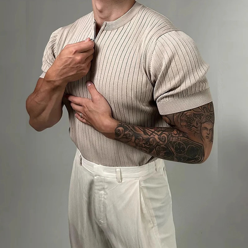 Trendy Mens Slim Short Sleeve Knit Tops Spring Summer Fashion Crew Neck Zipper Knitted Tshirts Men Vintage Solid Color Pullover 250312