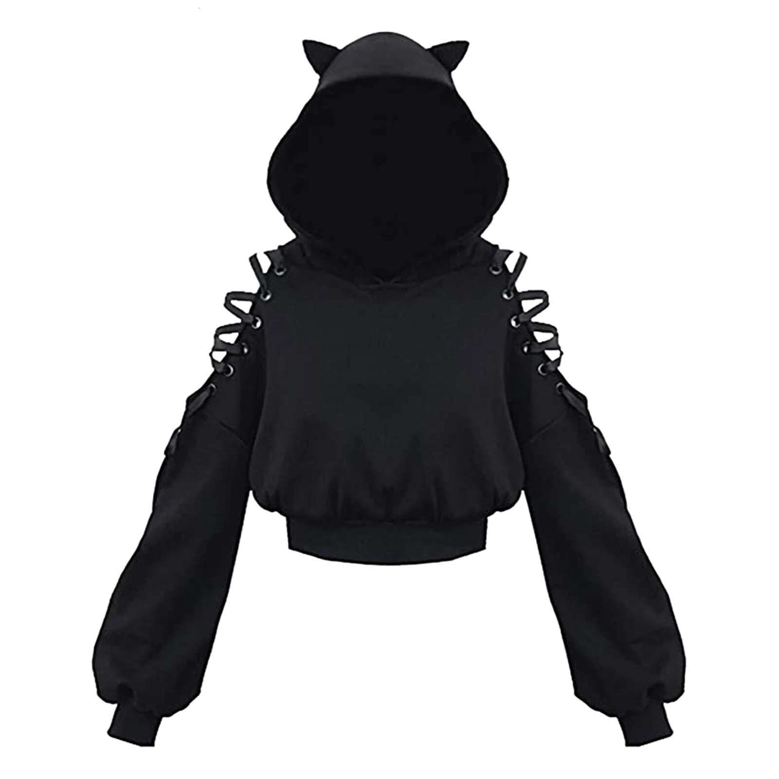 PMIYS Women s Hoodies Cute Ear Cat Long Sleeve Crop Sweatshirt Teen Girls Halloween Sweatshirts
