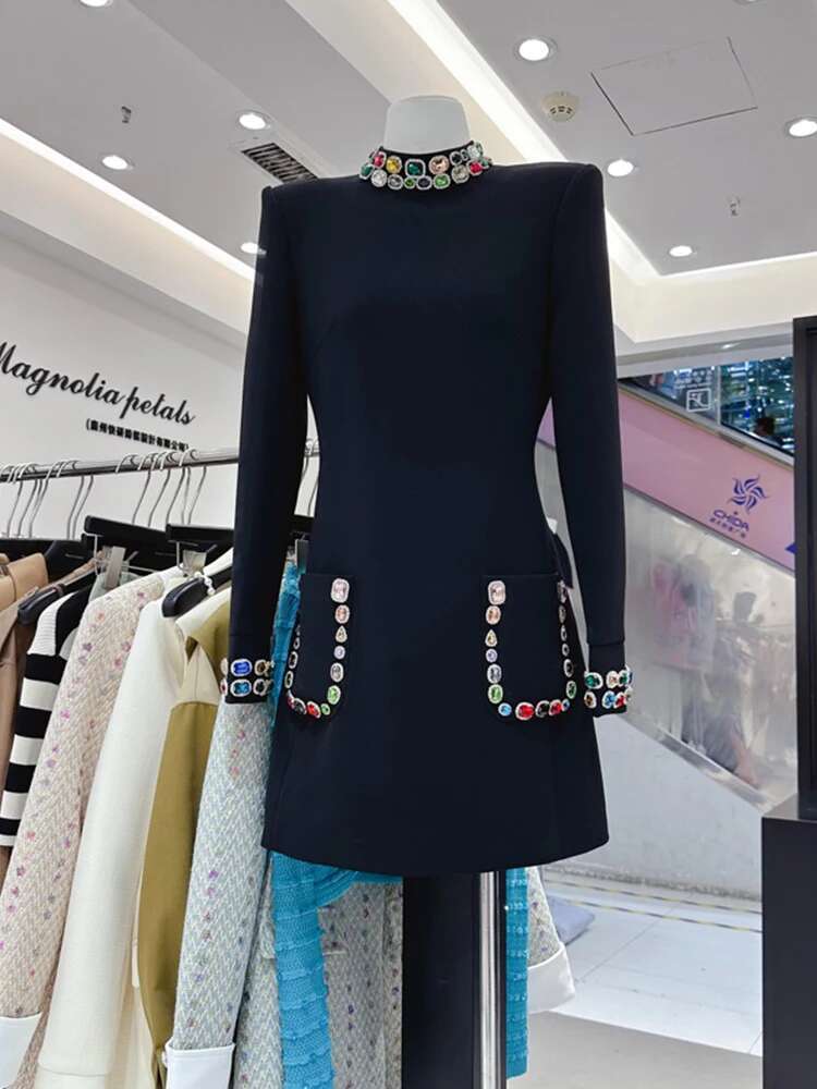 HIGH STREET Newest 2024 Designer Fashion Women's Colorful Dia Standing Neck Long Sleeve Dress