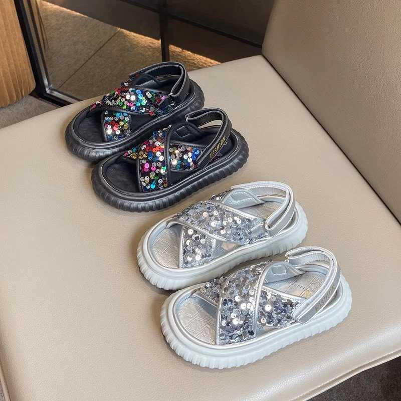 Childrens sandals summer thick soled princess sequin sandals fashionable waist open toe childrens school sandals hook and loopT250315