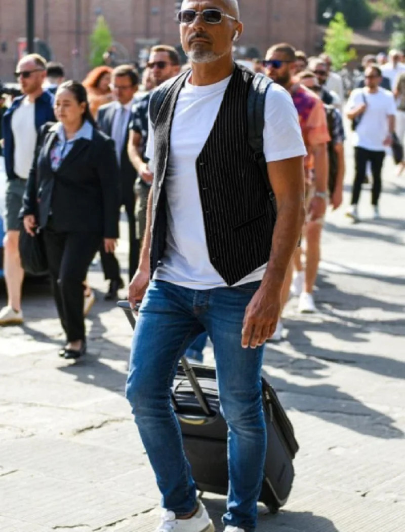 summer mens striped suit vest retro business slim fit vest sleeveless single breasted V-neck short vest jacket 250310