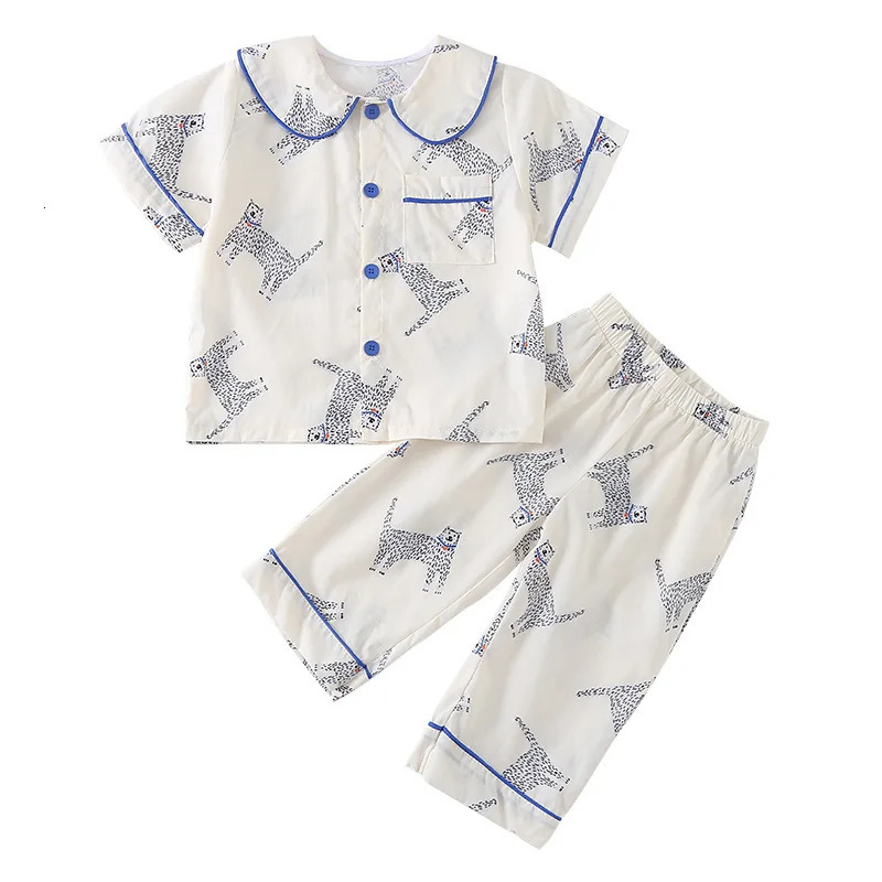 Korean Summer Kids Girls Sleepwears Set Cotton Thin Cartoon Full Printed Tops Cropped Pants Suit Children Girls Pajamas 250314