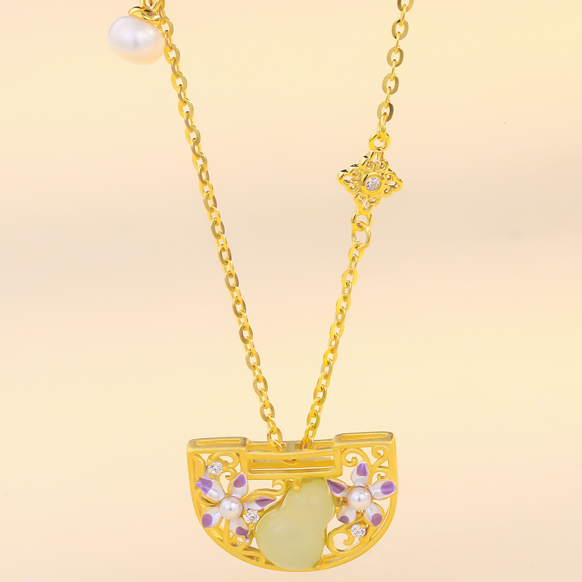 S925 Necklace Female Net Red Sterling Silver Lock Retro Style Hetian Jade Gourd Japan And South Korea Flower Fashion Niche New Necklace