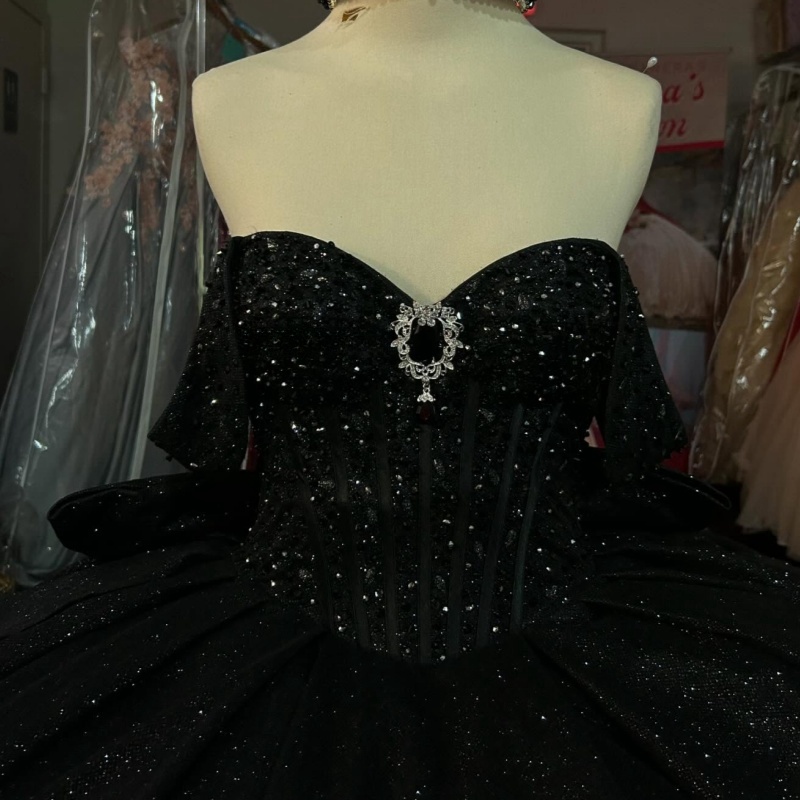 Black Shiny Quinceanera Dresses Off The Shoulder Sequin Beads Mexican Vestidos 15 De Anos Princess Party Birthday Sweet 16 Birthday Party XV