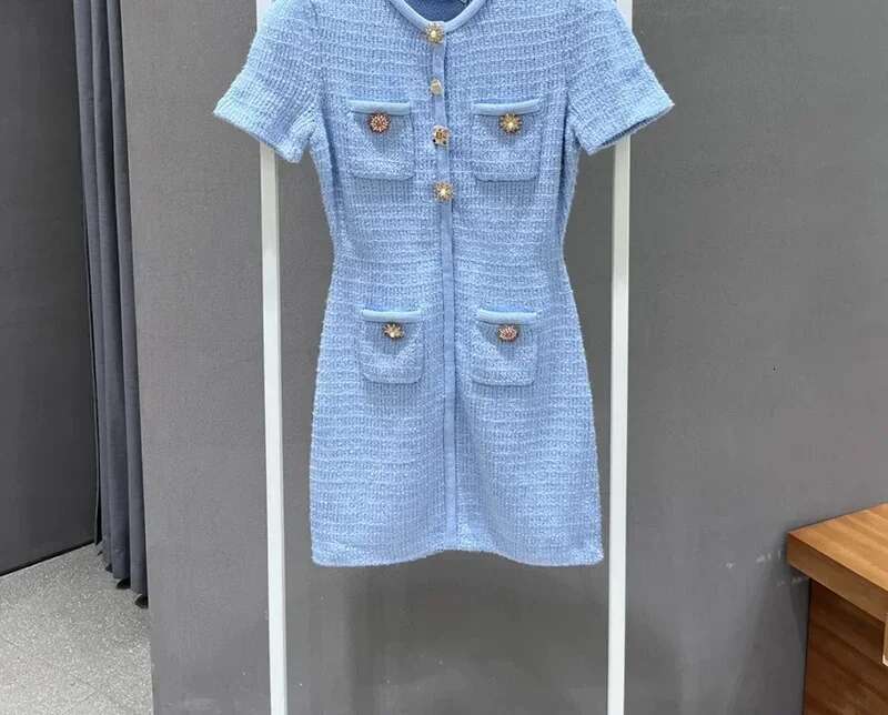 2024 Autumn Women Fall Light Blue Button Slim Fit Knit Office Ladies Elegant Mini Dress