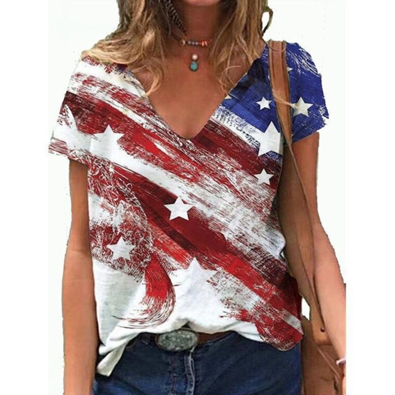 2025 US Independence Day Digital Women's V-Neck 3D Printed Large Size Imitation Cotton Casual T-Shirt