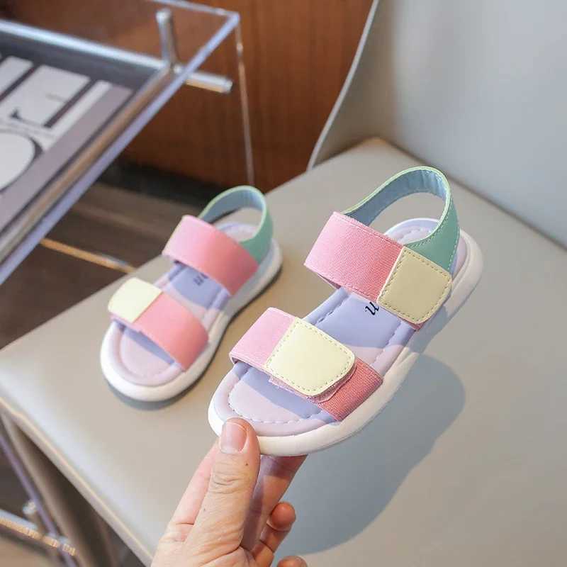 Girls sports sandals mixed color decoration soft bottom anti slip pink comfortable Velcro PU upper open fashion childrens shoesT250315