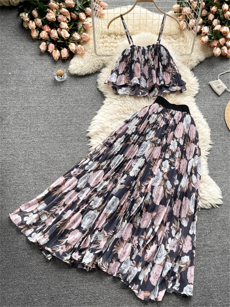 Womens summer vacation twopiece set spaghetti shoulder strap short top and hollow high waisted Midi skiing 250313