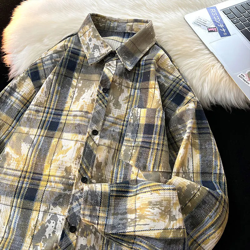 Korean style ink splatter plain weave shirt retro tie dye outdoor shirt autumn unisex mens long sleeved shirt 250314