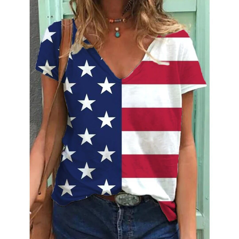 2025 US Independence Day Digital Women's V-Neck 3D Printed Large Size Imitation Cotton Casual T-Shirt