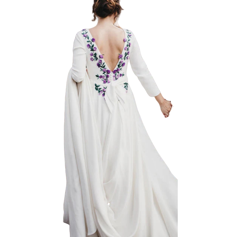 Simple A-Line Satin Wedding Dress With Embroidery Back Long Sleeves Elegant Ivory White Bridal Gown With Detachable Long Train 2025 Garden Vestido De 