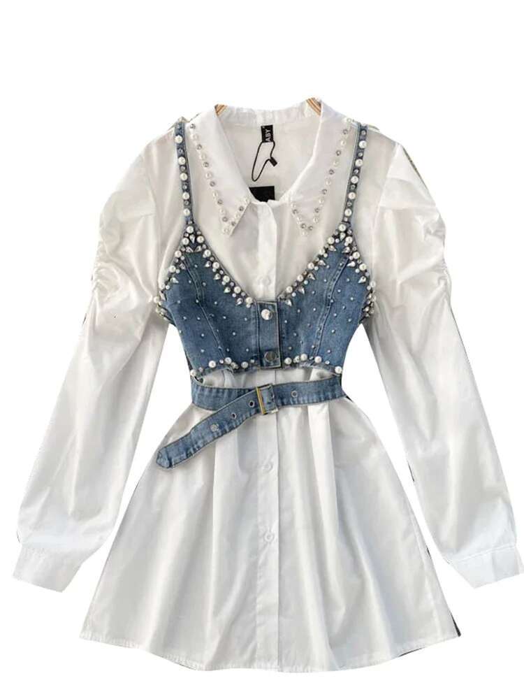 Spring Autumn New Temperament Blouse Female Lapel Beaded Stacking Bead Blusa Sg Waistcoat C Fashion Two-Piece Shirt C814