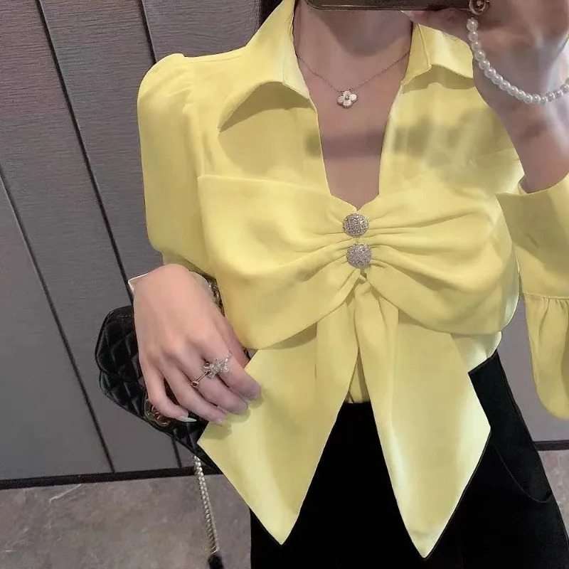 Korean Loose Fashion Bow V-neck Solid Color Long Sleeve Chiffon Shirts Women Spring Summer Fashion Office Lady Temperament Tops 250310