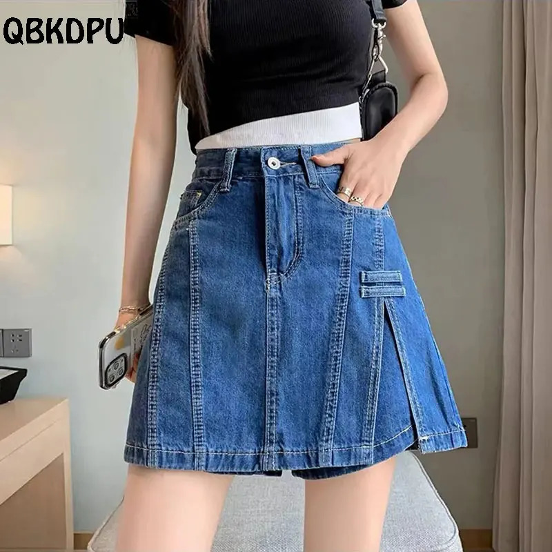 Fashion High Waist Denim Culottes Women Summer n Baggy Jean Shorts Two Pieces Lining Jeans Skirts Blue Pantskirt 250310
